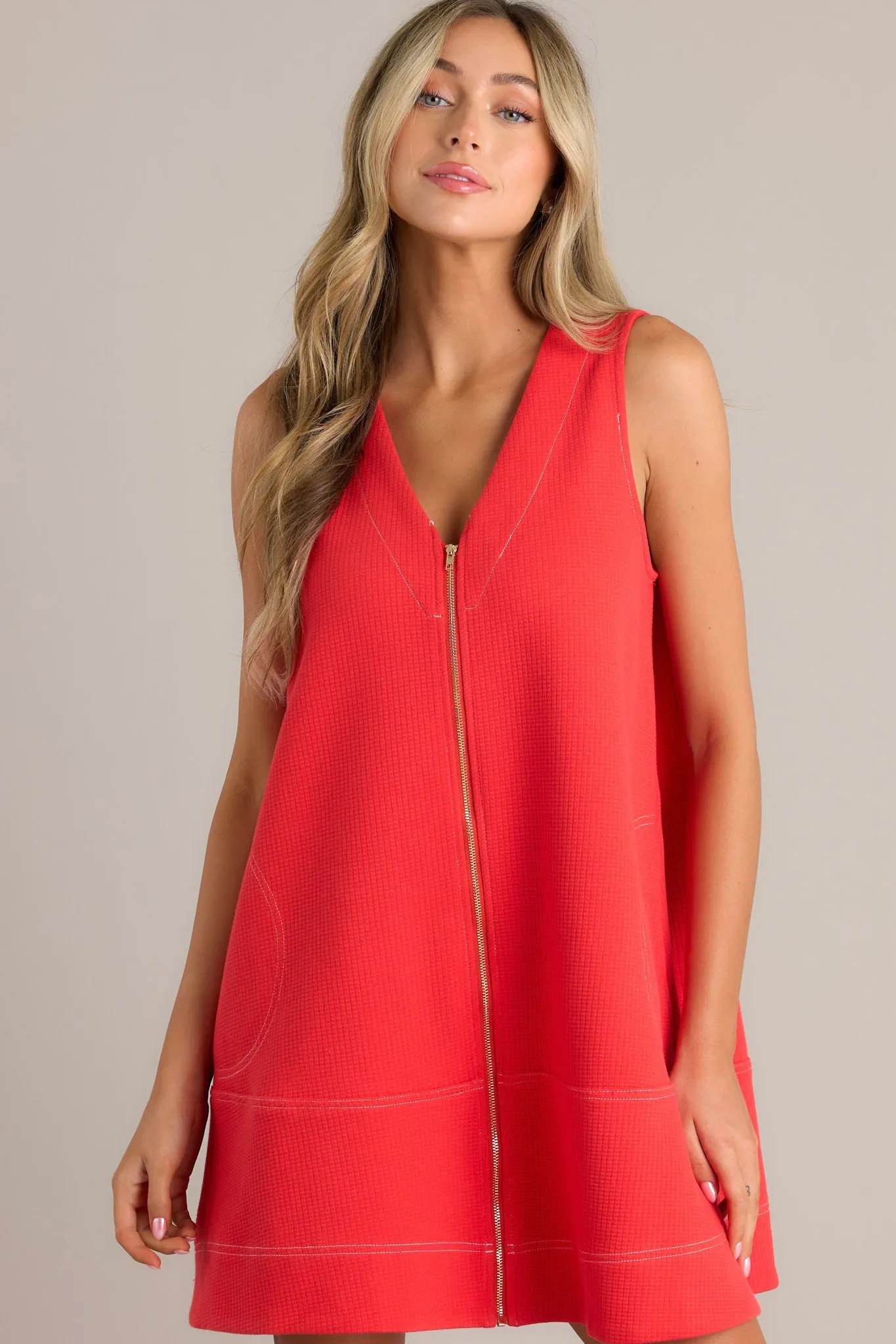 Cardinal Classic Tomato Red Zip Up Mini Dress